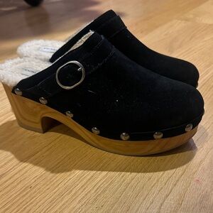 Chinese Laundry Black Suede Mules with Wooden Platform